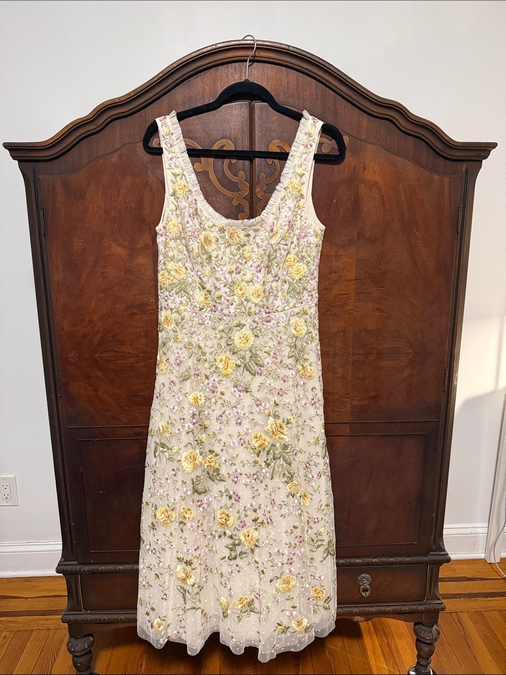 Needle & Thread Cream Midi Dress with Yellow Floral Embroidery